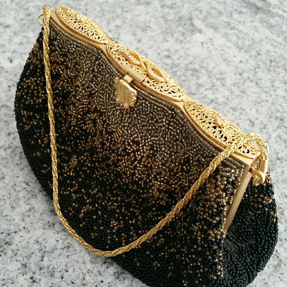 Black & Gold Handbeaded Clutch Evening Bag with Gold Metal Filigree Top Closure